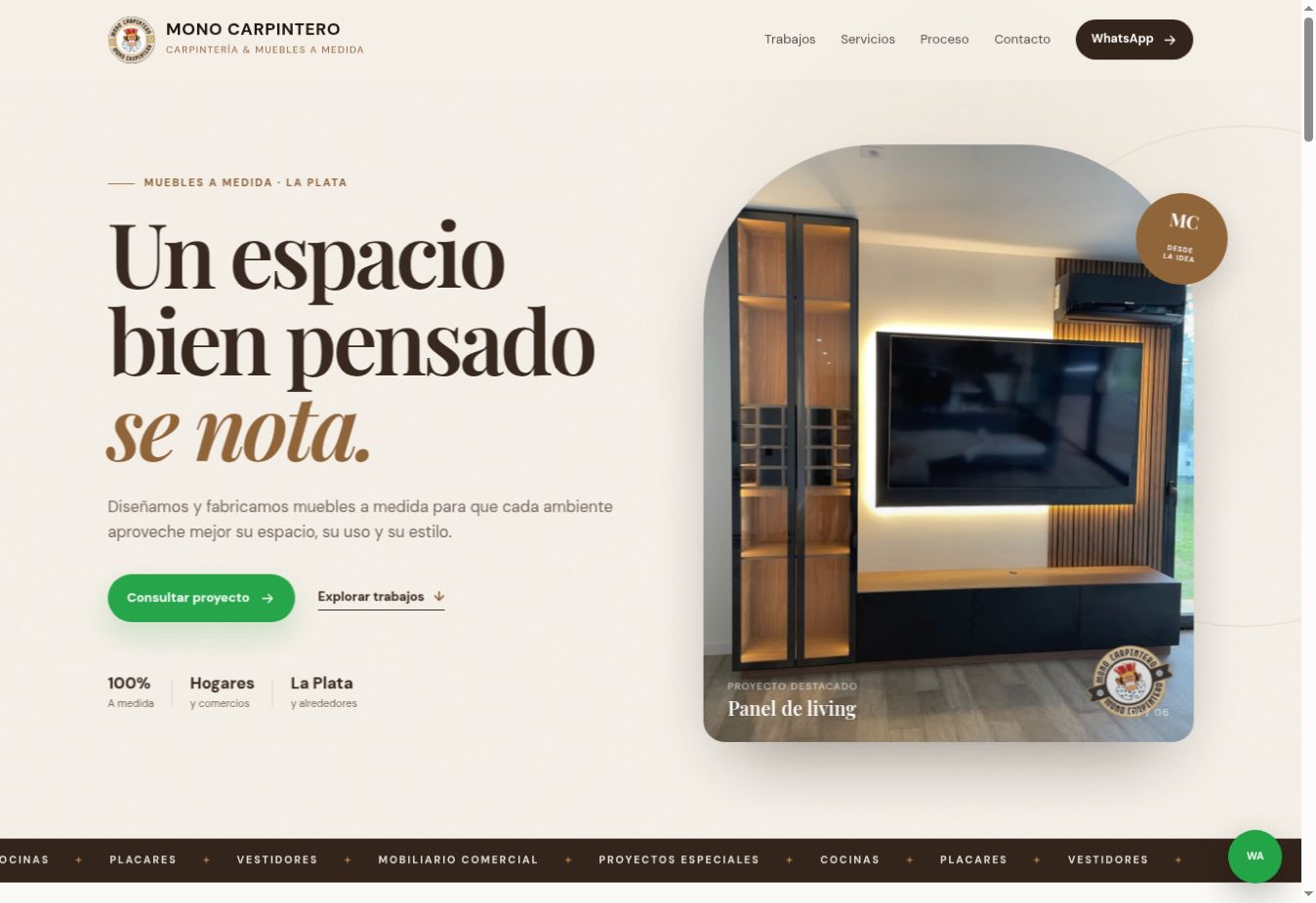 Portada del sitio Carpimono con un mueble de madera a medida